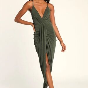 Lulus Dreamy Date Dark Green Surplice Midi Dress